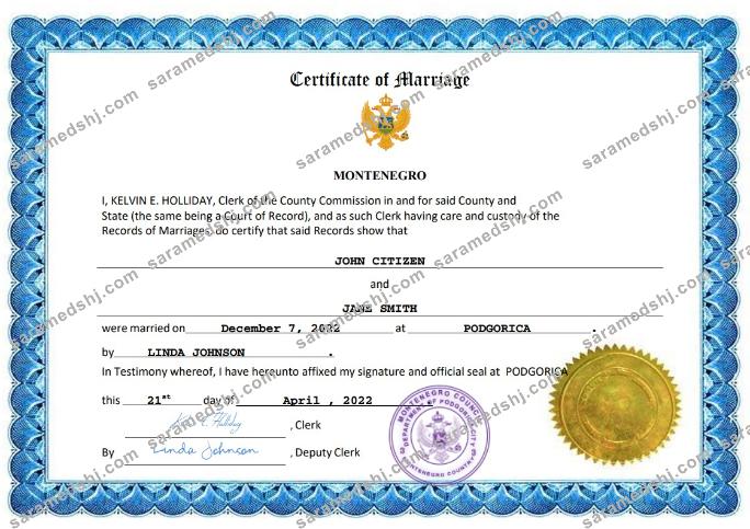 Montenegro marriage certificate Word and PDF template